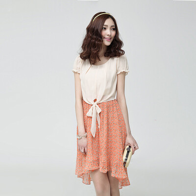 

Голубой портрет леди летнее платье цветочные шить круглый талии шеи галстук талии платье LS513626- Оранжевый XL