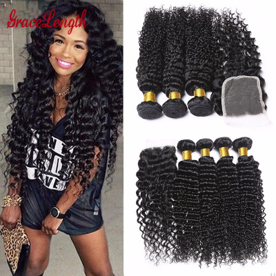 

Grace Length Hair Peruvian Deep Curly With Closure 4 Bundles 8A Peruvian Virgin Hair Deep Wave With Closure Curly Human Hair Weave