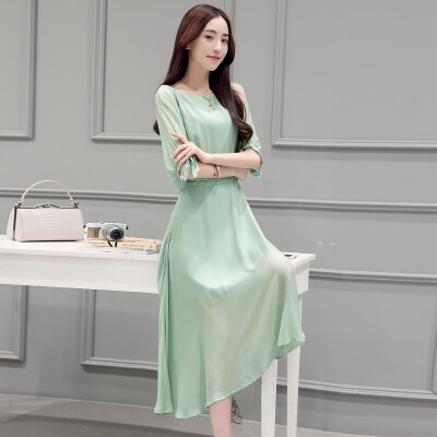 

Siba homes 2017 new summer dress chiffon word collar five points sleeves pure color fresh high waist long skirt S62A0807A4S green S