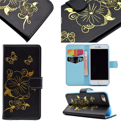 

Black Hot Stamping Foil Gold Design PU Leather Flip Cover Wallet Card Holder Case for iPhone 7