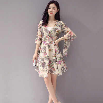 

Long Yue women's V-neck chiffon print dress seven sleeves Slim waist floral skirt skirt skirt LWQZ174108 apricot M