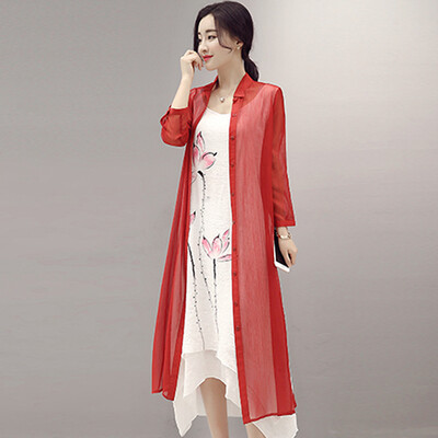 

Siberian woman 2017 spring new women&39s long coat jacket printing vest skirt suit two-piece suit S71R0551A3L wine red