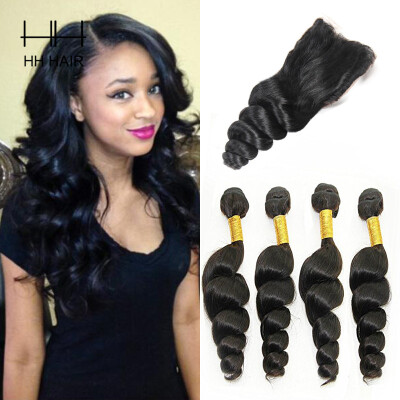 

HHHair Hair Peruvian Loose wave Hair with Closure Unprocessed Virgin Human Hair 4pcs Weave with 1pc 4x4 inch Free Part Lace closur