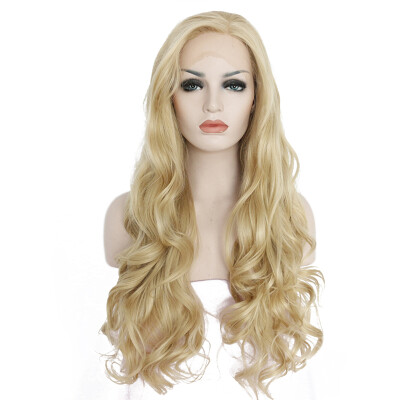 

Anogol Golden Blonde Long Body Wavy Handmade Peruca Laco Sintetico Heat Resistant Natural Hair Wigs Synthetic Lace Front Wig