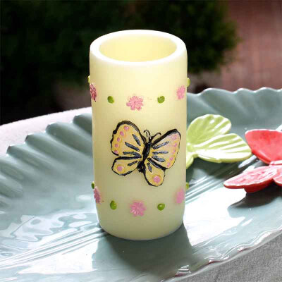 

DFL spring electronic flameless led candle, decorated with green Dragonfly and embossed Purple Butterfly, 7.6X15.2 cm