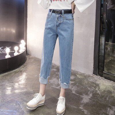 

Longyue women spring section high waist irregular curling wide leg jeans wild Harlan pants l LWKN172301 light blue L