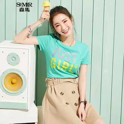 

Semir Semir short sleeve T-shirt summer round neck Korean casual letter cotton half sleeve T-shirt 12216000004 pink green M