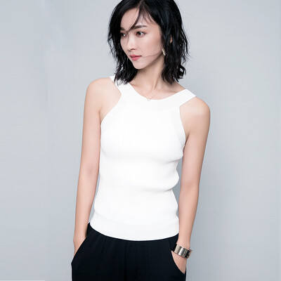 

Longyue women&39s solid color fashion wild sweater halter round neck vest LWYC174205 white M