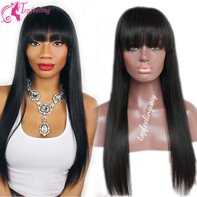 

Brazilian Human Hair Wigs With Bangs Glueless Lace Front Wigs Silk Straight Virgin Hair Natural Color