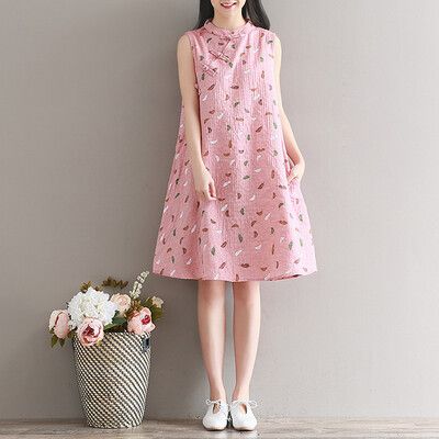 

City plus CITYPLUS art small fresh double double cotton&cotton sleeveless cheongsam dress CWQZ174465 lotus color L
