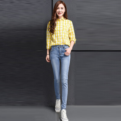 

VIVAHEART Korean casual embroidery foot pants Slim stretch pencil jeans female VWKN172243 light blue 29