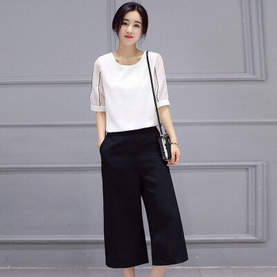 

A pond morning 2017 fashion suit female large code loose five-point sleeve round neck short jacket waist thin straight trousers pants OL pants OL commuter equipment S72R0255A657S on the white under the black