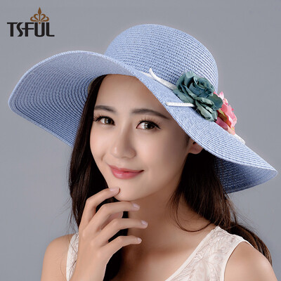 

Tsful TS01820MZ hat female visor summer sun protection sun hat UV woven flower straw hat folding big hat light blue