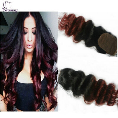 

100% Human Hair Ombre Silk Base Closure #1b/4 Two Tone Peruvian Virgin Hair Body Wave Invisible Part Closure 4x4 Ombre Lace Closur