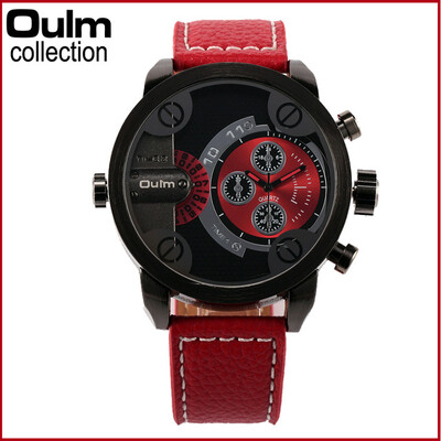 

3130 Oulm Men Watches with Double Movt Leather Band Quartz Men Watches Military Watch