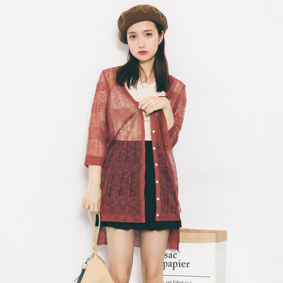 

VIVAHEART Korean casual loose loose hollow linen knit cardigan VWYC172440 red uniform