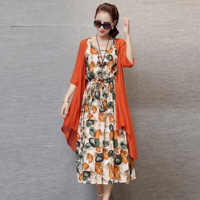 

Arthur Moe Feather and Hemp Two-piece Dress Temperament Long Sleeveless Print Vest Skirt + Cardigan Set Skirt G8342 Orange M