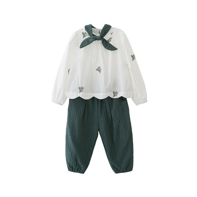 

Fragrance Flordeer French Kids Girls Cactus Shirt Pure Color Casual Pants Two-piece Set F71038 White 120