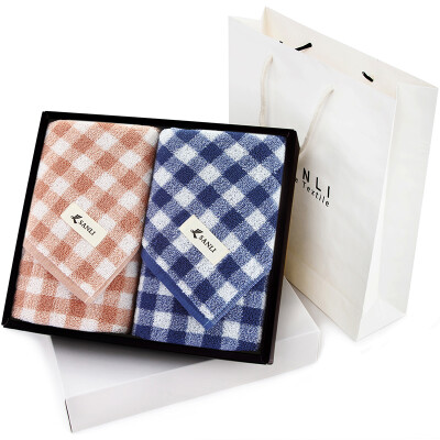 

Sanli cotton yarn-dyed Plaid towel hardcover gift box 2 soft padded absorbent towel 34 × 74cm deep blue + coral gift bag