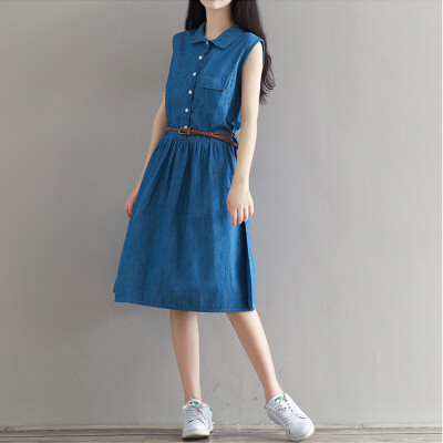 

CITYPLUS Sen Female Bunny Long Skirt Loose Large Size Shirt Collar Vest Skirt Breathable Sleeveless Dress CWQZ172355 Light Blue L