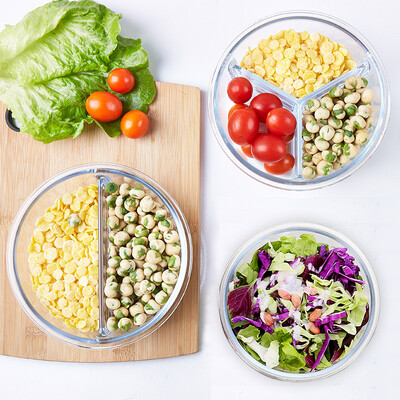 

Youyi with separated round glass lunch box microwave heat-resistant three-compartment lunch box fresh box sealed bowl three-piece suit U-1511