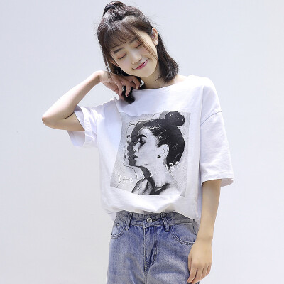 

City plus CITYPLUS Arts Fan wide loose thin round collar head character characters printing short sleeve T shirt CWTD175151 white