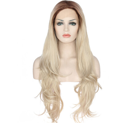 

Anogol Natural Long Loose Wave Blonde Ombre Dark Roots Heat Resistant Hair Wigs Peruca Laco Sintetico Synthetic Lace Front Wig