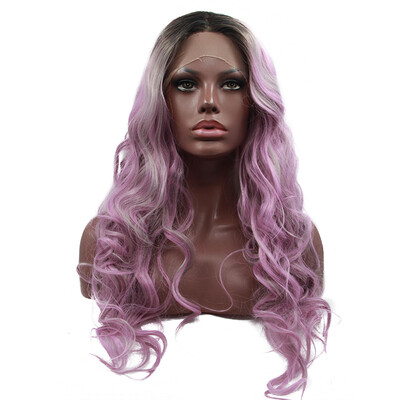 

Anogol 3 Tones Grey Mix Purple Ombre Dark Roots Long Body Wave Peruca Laco Sintetico Wig Synthetic Lace Front Wigs