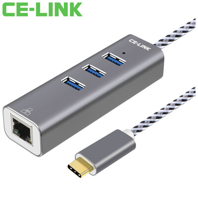 

CE-LINK 3277 Тип-c в Gigabit Ethernet + USB3.0 конвертер USB-C в порт RJ45 3-портовый концентратор / концентратор HUB Apple Mac внешняя сетевая карта серебристая
