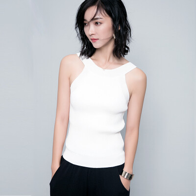 

Longyue women's solid color fashion wild sweater halter round neck vest LWYC174205 white