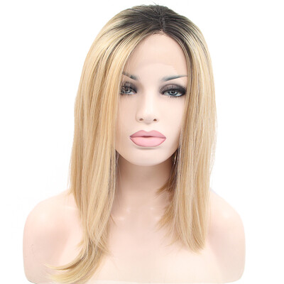 

Anogol 2 Tones Blonde Ombre Dark Roots Short Bob Straight Peruca Laco Sintetico Heat Resistant Wigs Synthetic Lace Front Wig