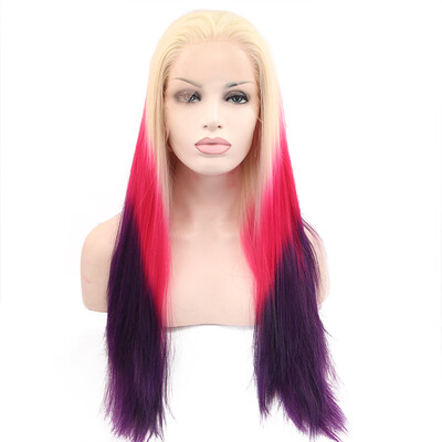 

Anogol Blonde Ombre Rose Mix Purple Synthetic Lace Front Wig Peruca Laco Sintetico Natural Hair Long Straight Wigs Three Tones