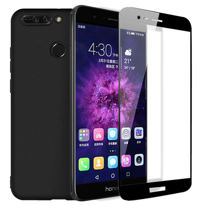 

Shell three-piece set ESCASE glory V9 phone shell matte anti-drop soft shell elegant black ring buckle black tempered suit set three-piece