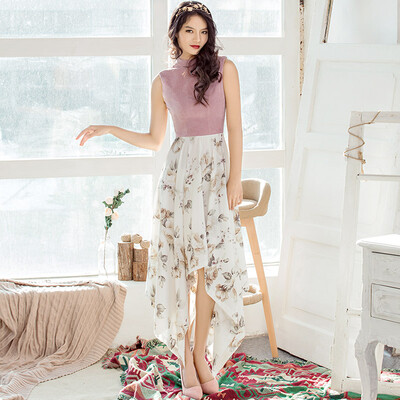 

Wei Ya Ji floral dress female summer 2017 new sleeveless round neck high waist stitching printed lotus leaf dress