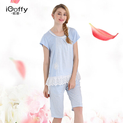 

Ms iCoffy Short Sleeve Pajamas Set Cute Striped Lace Split Home Service OF7111 Blue M