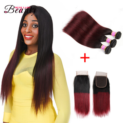 

Ombre Brazilian Virgin Hair 3 Bundles with Lace Closure 4x4 Two Tone Human Hair 1b/99j Silky Straight Free Shipping