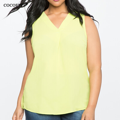 

COCOEPPS Sleeveless Chiffon V neck women tops big sizes new 2017 Casual summe style plus size women Loose blouse blue greed tops
