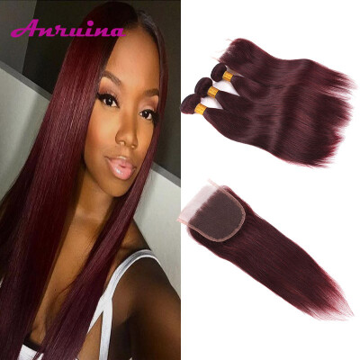 

Indian Virgin Hair with Closure Burgundy Straight Human Hair with Closure Red Unprocessed Straight Hair 3 Bundles&Lace Closure