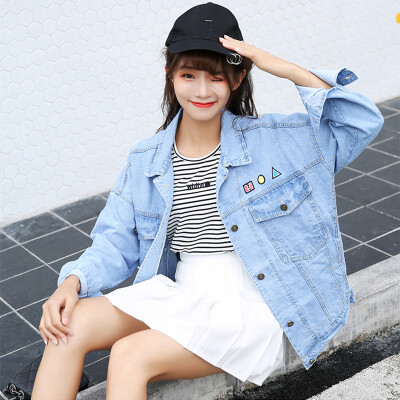 

JOY OF JOY Korean Back Pattern Letter Sticker Design Jeans Jacket JWWT178134 Blue