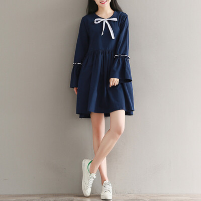 

City plus CITYPLUS 2017 autumn new women&39s art stripes stitching flowers sleeves bow round neck was thin skirt dress CWQZ178253 dark blue L