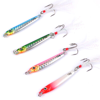 

4 PC Jigging Plomb Poissons 12G/5.5 CM Métal Gabarit De Pêche Leurre 4 Couleurs Métal Wobbler avec Plume crochets Appât Dur Artifi