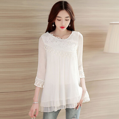 

A pond morning 2017 autumn chiffon shirt female long sleeve A version of high waist was thin lace bottoming shirt S71R0698A609M lavender