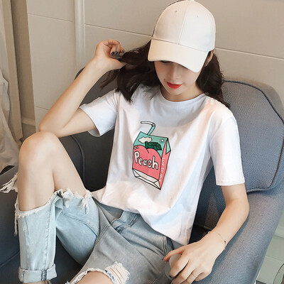 

Long Yue Women loose loose casual short-sleeved round neck T-shirt college style fashion wild primer LWTD172202 white