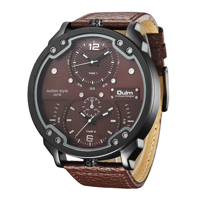 

Oulm New Arrive Double Time Zone Sports Watches Men Luxury Brand PU Leather Big Wristwatch Male Quartz Watch relojes hombre