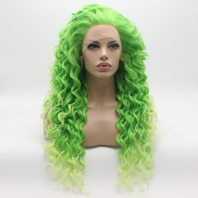 

Iwona Hair Curly Long Green Root Light Green Ombre Wig Half Hand Tied Heat Resistant Synthetic Lace Front Wig