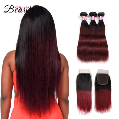 

Museladybeauty Ombre Brazilian Virgin Hair Silky Straight 3 Bundles with Lace Closure 4x4 Two Tone Human Hair 1b/99j Free Shipping