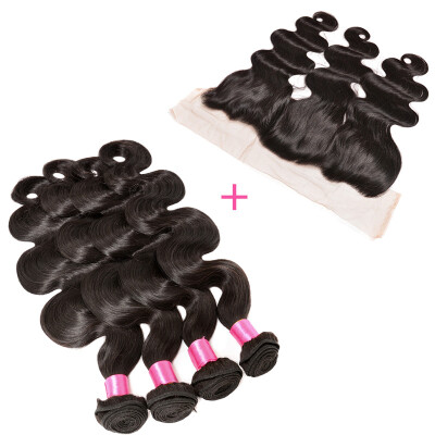 

Lace Frontal Closure With 4 Bundles Body Wave Malaysian Hair Virgin Human Hair With Closure Ear To Ear Frontal With Baby Hair