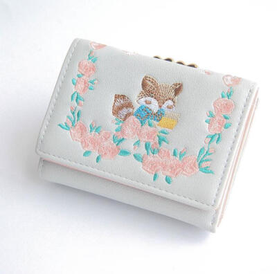 

2017 Lady embroidery cute fox three fold short paragraph matte student PU iron frame wallet wallet