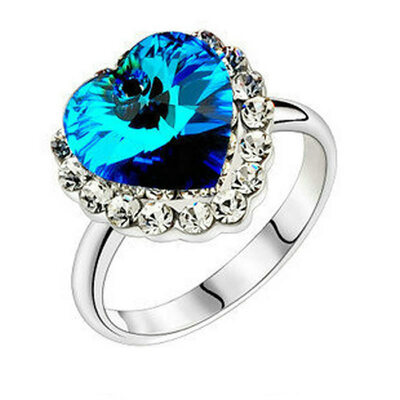 

Yoursfs 18K White Gold Plated Love Of Ocean Blue Crystal Ring Heart Shaped Rhinestone Rings for Women Engagement Jewelry
