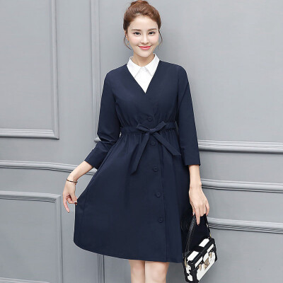 

Fort Sheng 2017 women&39s autumn fashion long-sleeved waist suit set skirt autumn Slim temperament elegant shirt chiffon dress WWYG8659 navy blue XXL